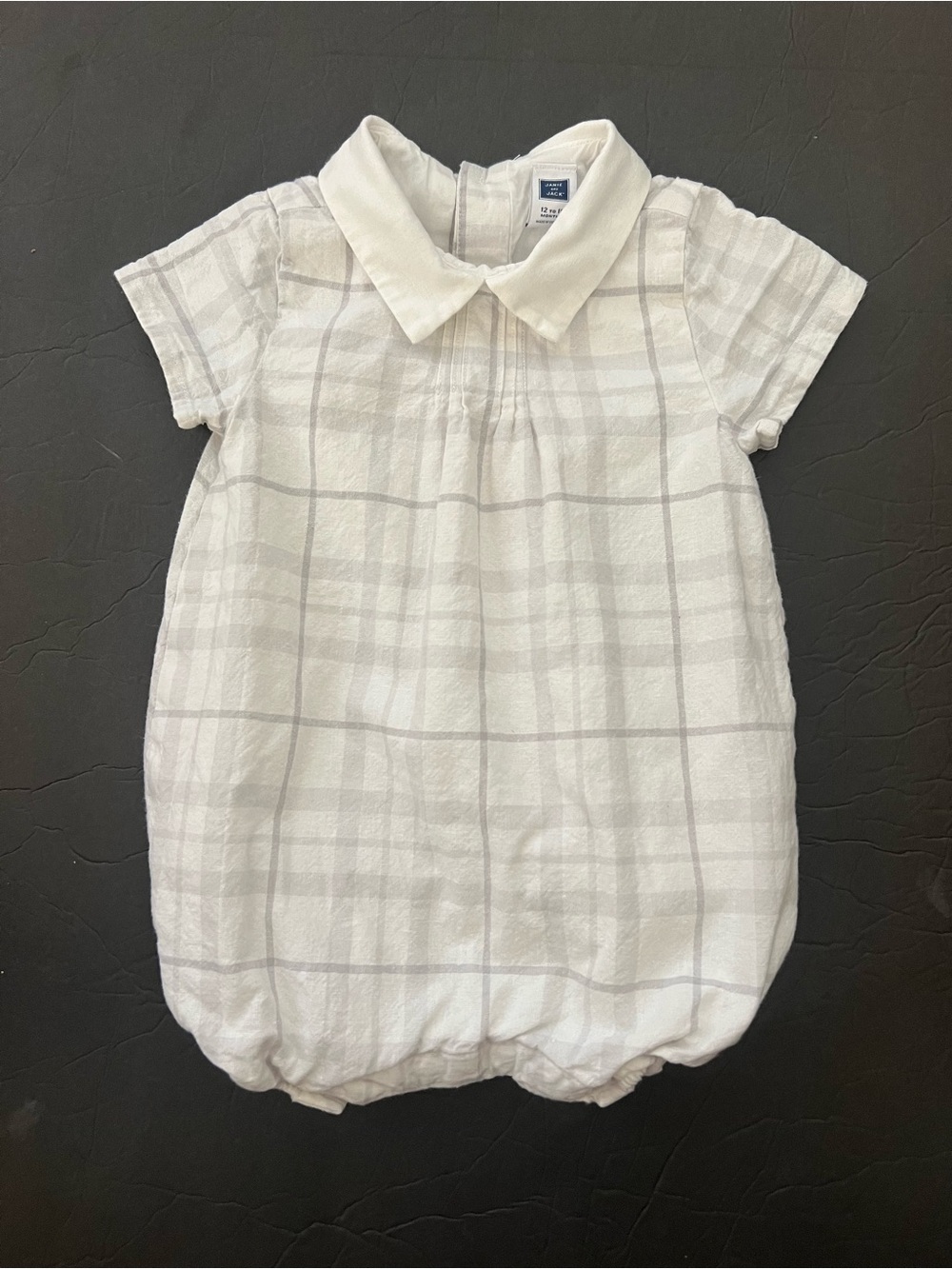 12-18m Jamie & Jack Baby Plaid Bubble Romper w Peter Pan Collar, White & Lt gray